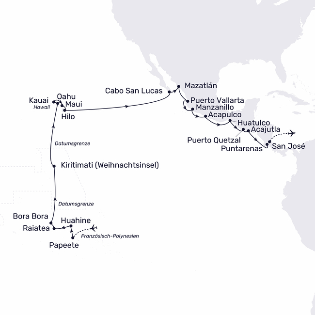 Routenkarte Südseeweiten, Inselträume und die Wärme Mittelamerikas