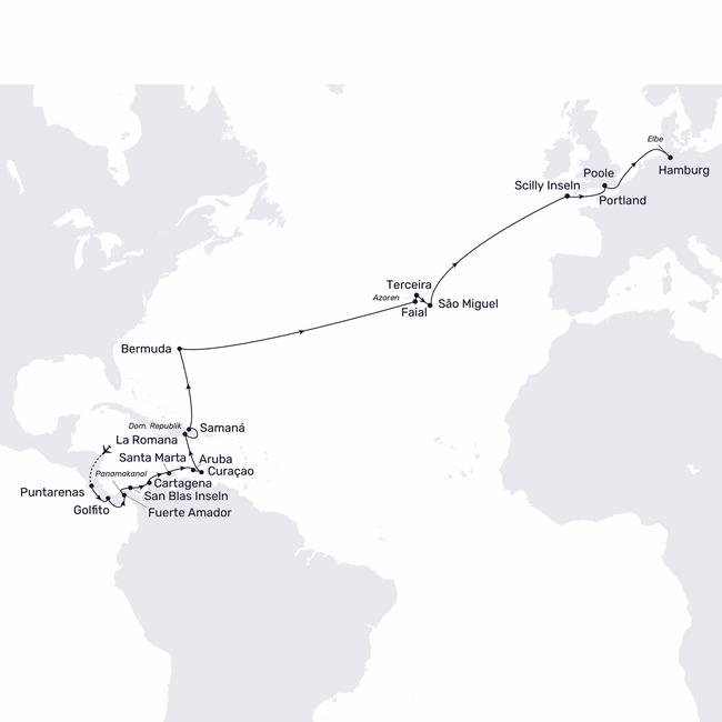 Routenkarte Auf großer Fahrt vom Panamakanal bis nach Hamburg 