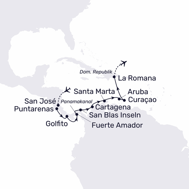 Routenkarte Costa Rica, Panamakanal und die ABC-Inseln