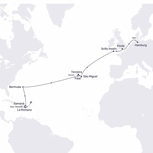 Routenkarte Auf nach Hamburg: Karibik, Bermudas, Azoren