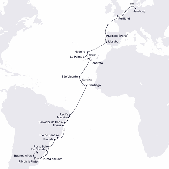 Routenkarte Zwischen Elbe und dem Río de la Plata