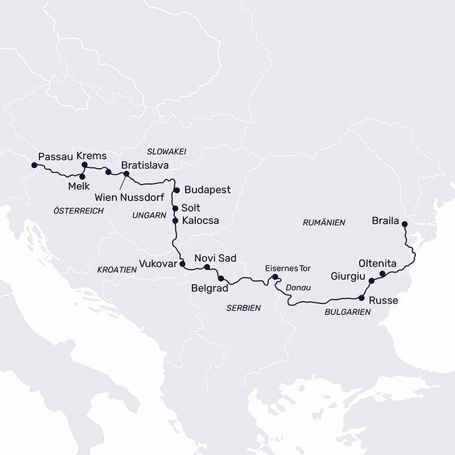 Routenkarte Donau Abenteuer bis zum Delta