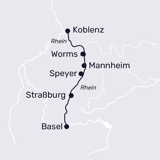 Routenkarte Rhine gems in the south with Basel and Strasbourg