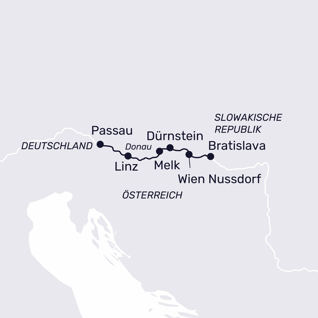 Routenkarte Klassische Donau mit Wien und Bratislava