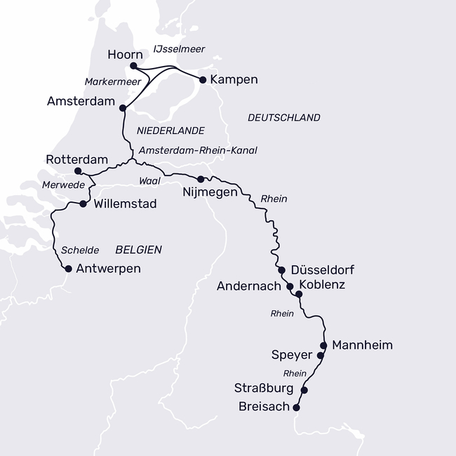 Routenkarte The entire Rhine – across Western Europe
