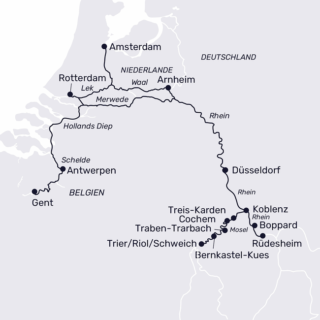 Routenkarte Canals and vineyards – Benelux and the Moselle